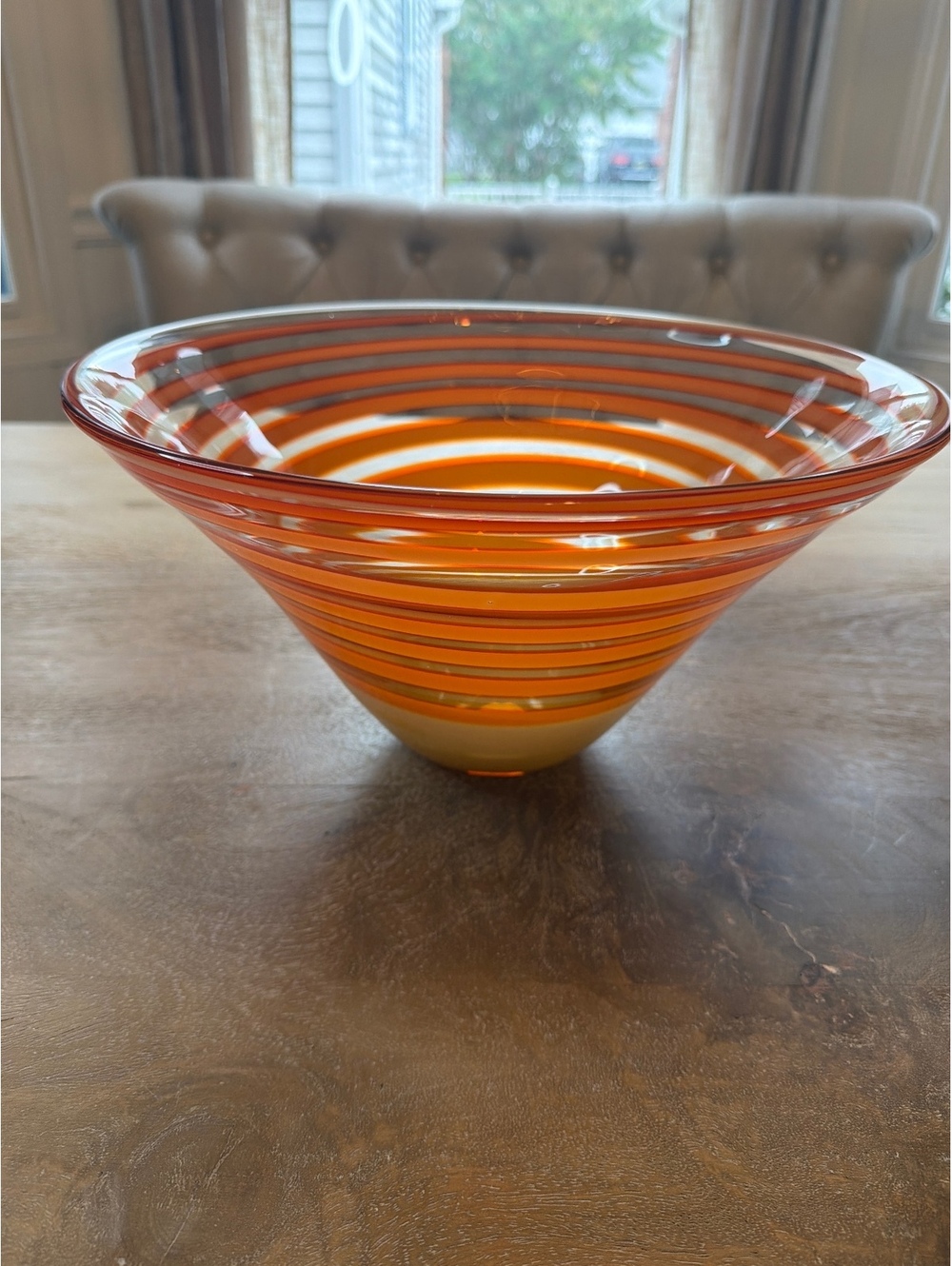 Evolution by Waterford 13" Red & Amber Swirl Flared Art Glass Centerpiece Bowl